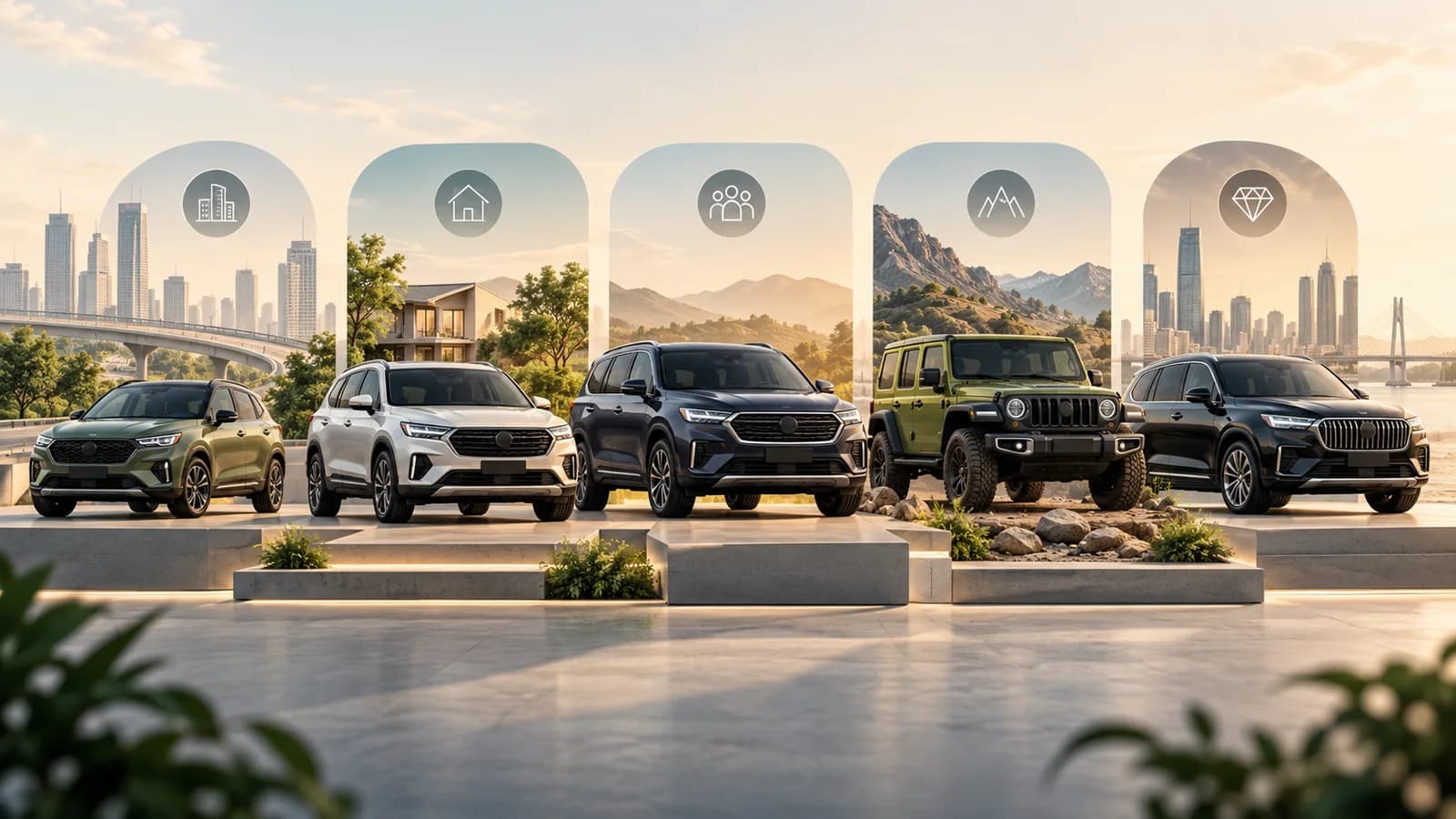 Lineup of different cars and SUVs arranged for comparison