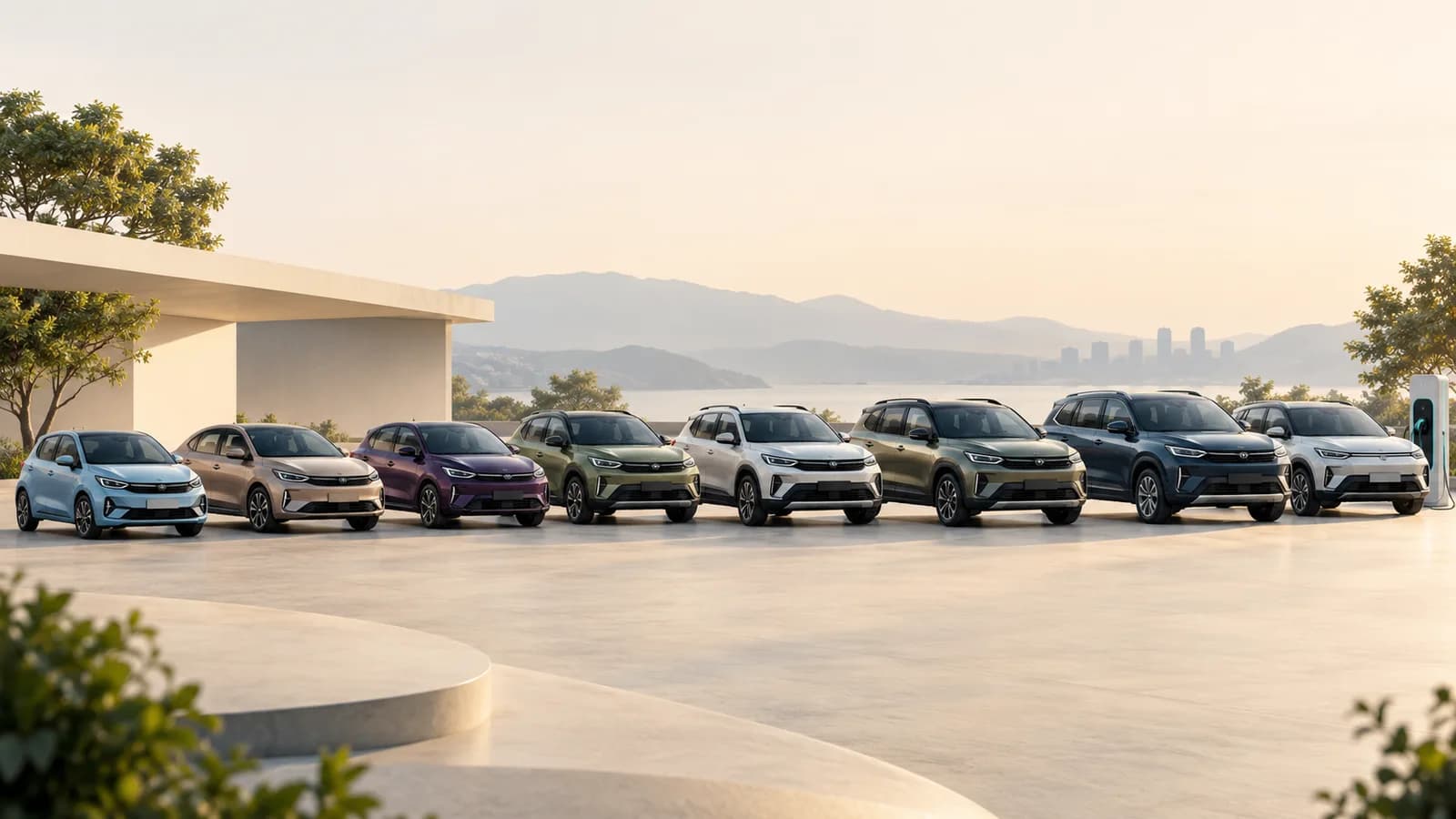 Lineup of different cars and SUVs arranged for comparison