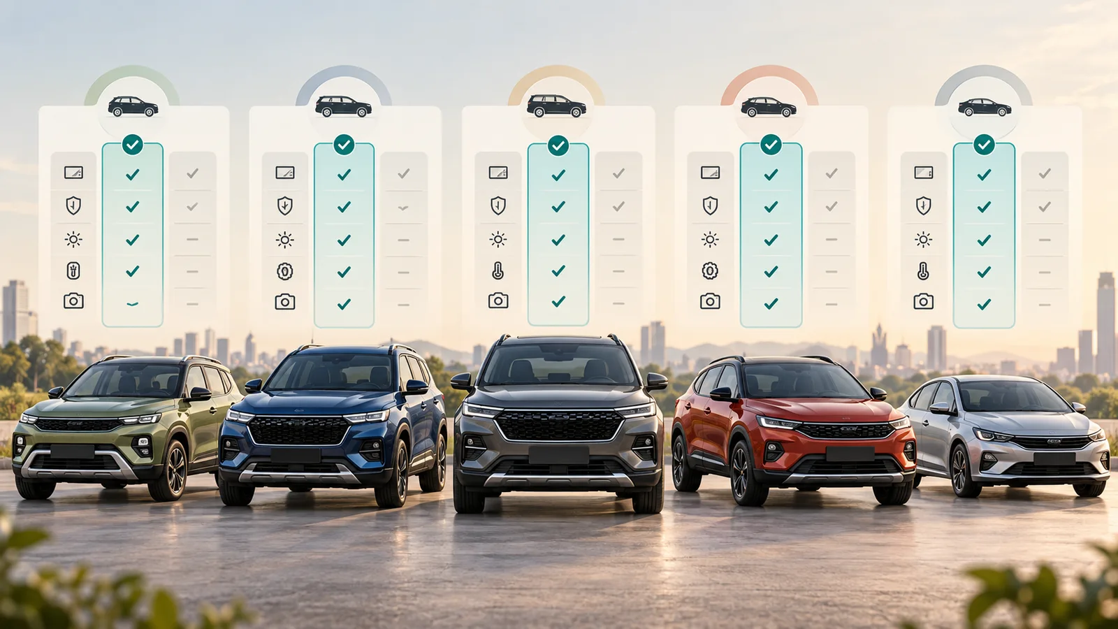 Lineup of different cars and SUVs arranged for comparison