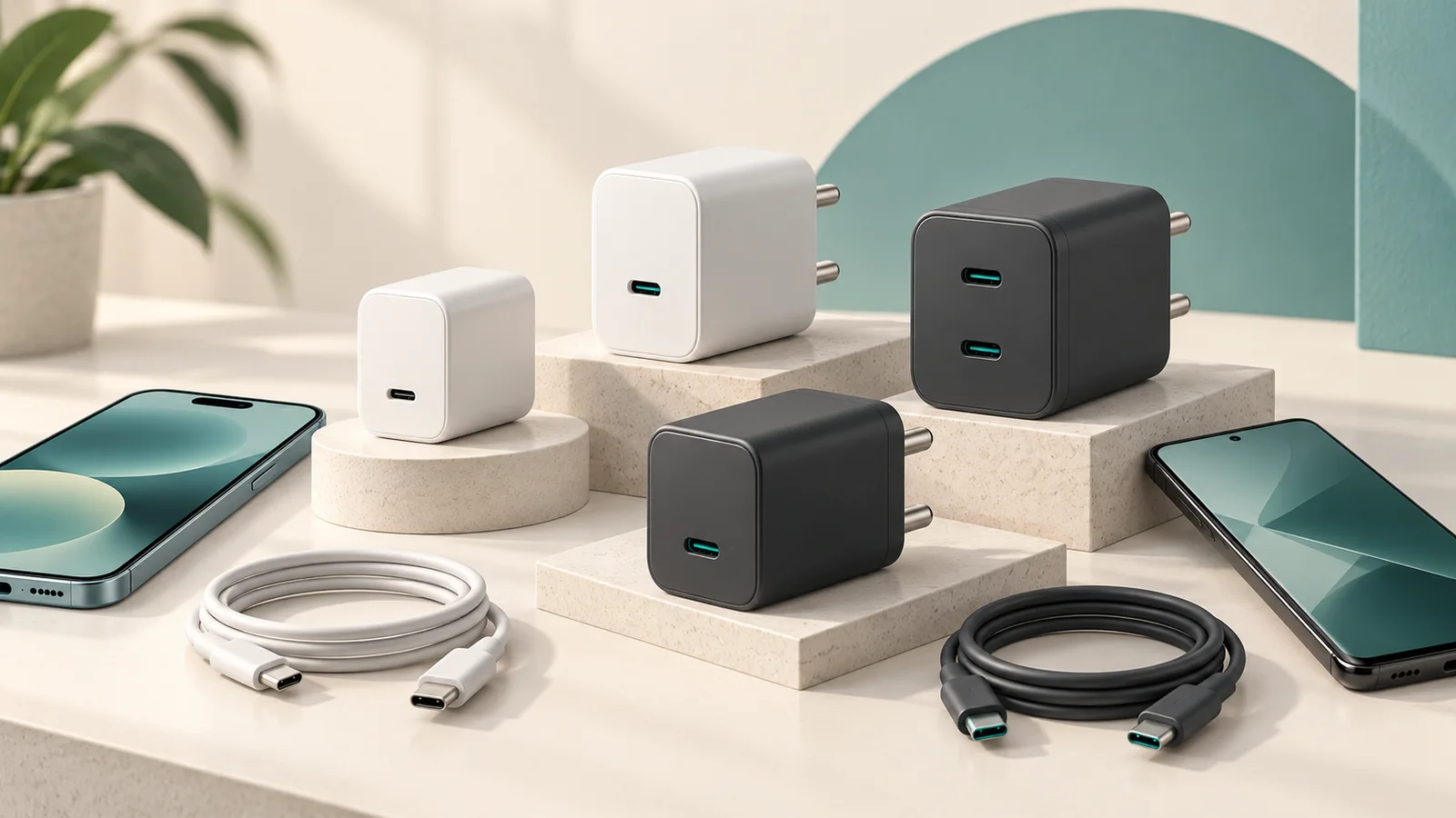 USB-C chargers and cables arranged beside smartphones