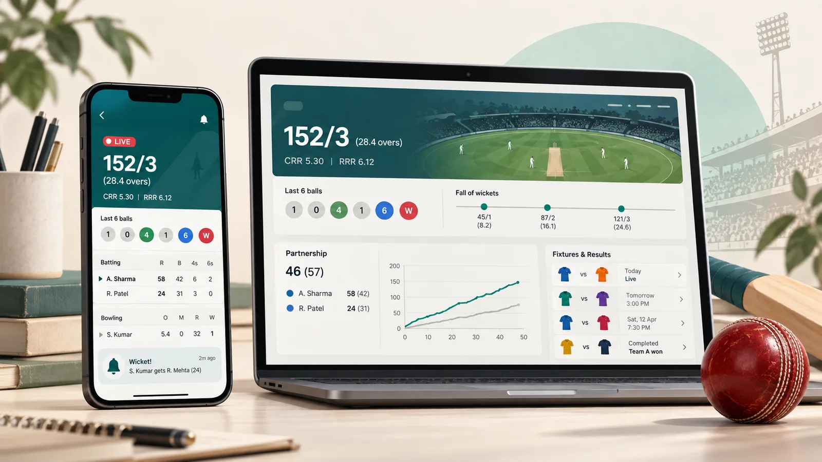 Phone and laptop showing live cricket scores
