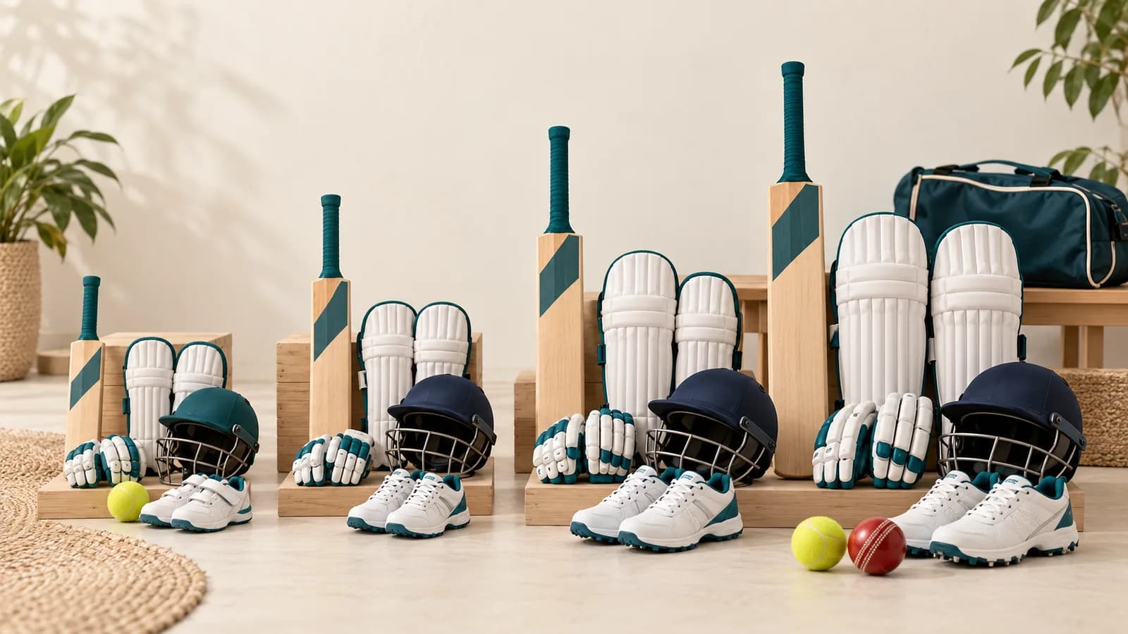 Junior cricket bats, pads, gloves and helmets arranged by size
