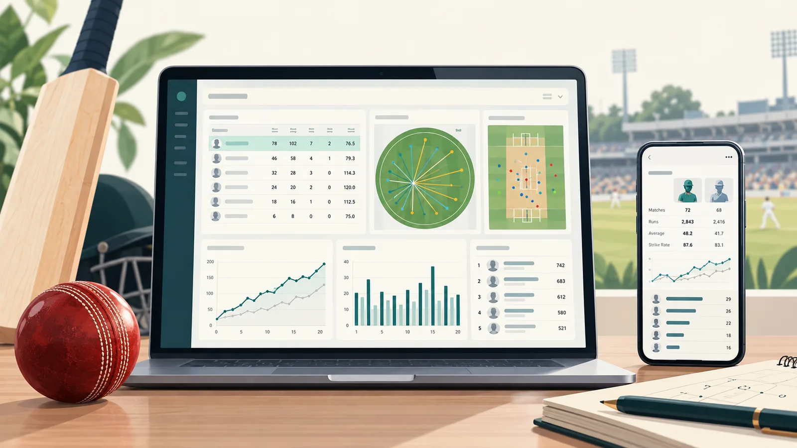 Cricket statistics dashboards on a laptop and phone