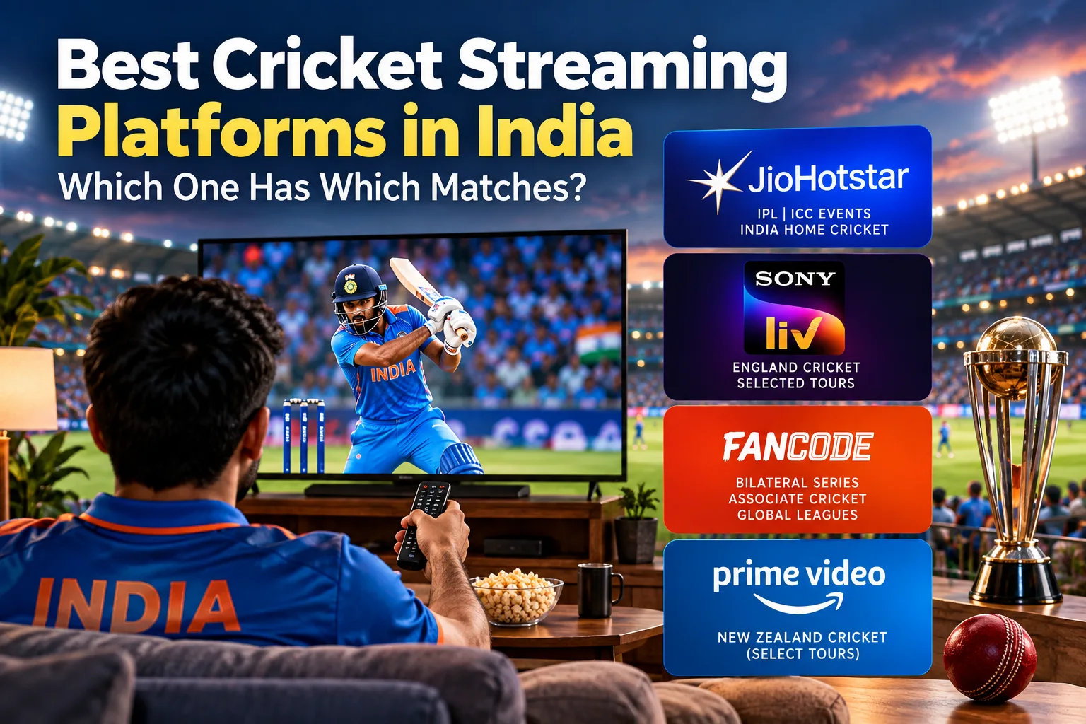 Cricket match shown on a screen with streaming service options