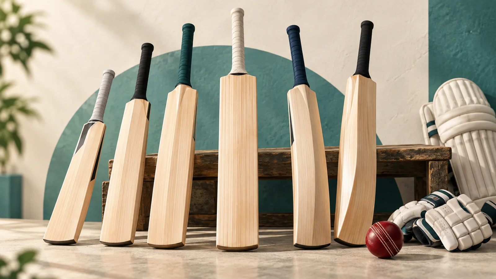 English willow cricket bats displayed with a ball and protective gear