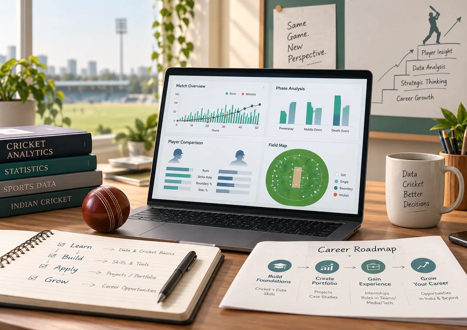Cricket data analyst workspace with match charts and notes