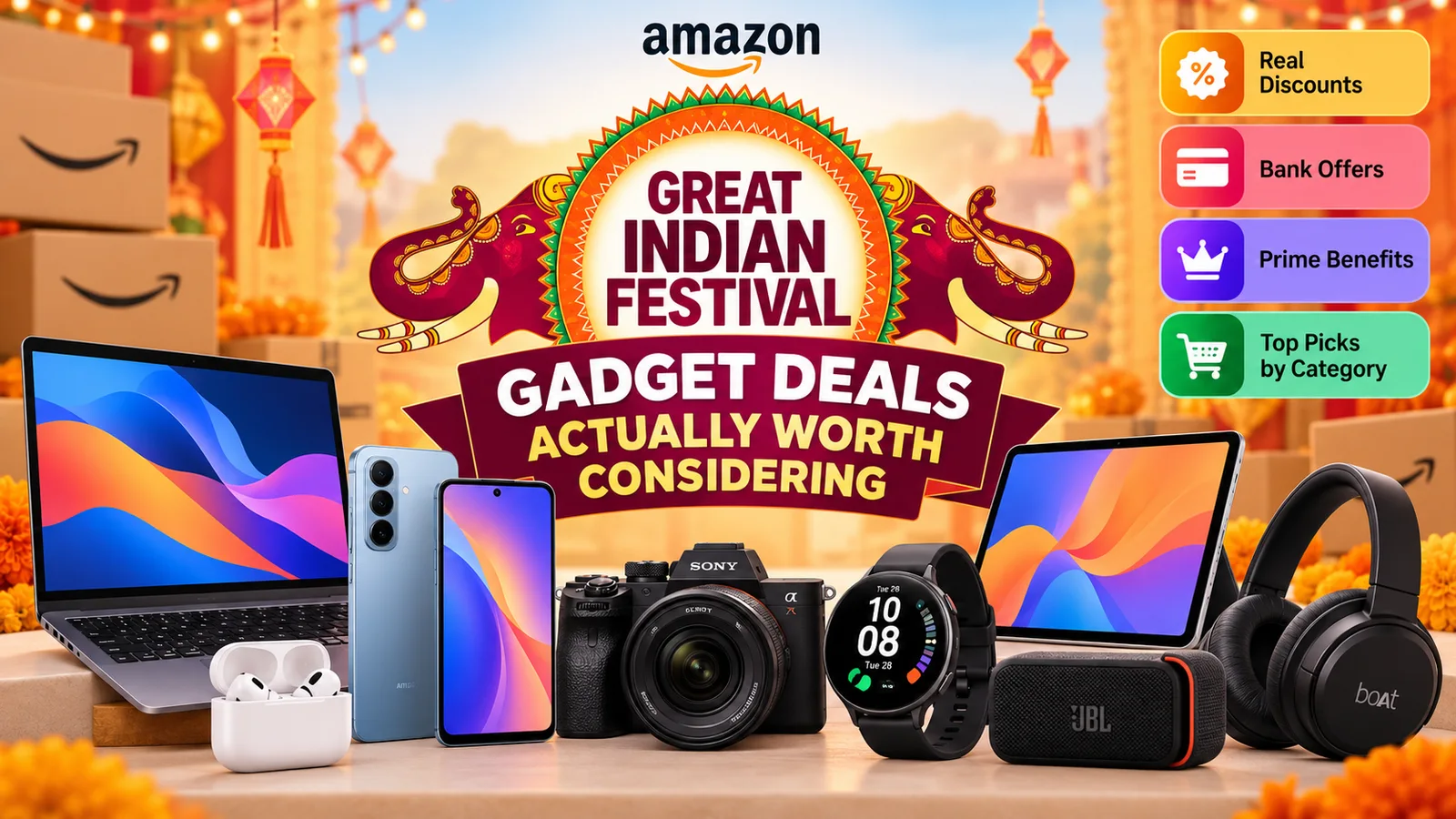 Festive Amazon sale graphic featuring laptops, phones and other gadgets
