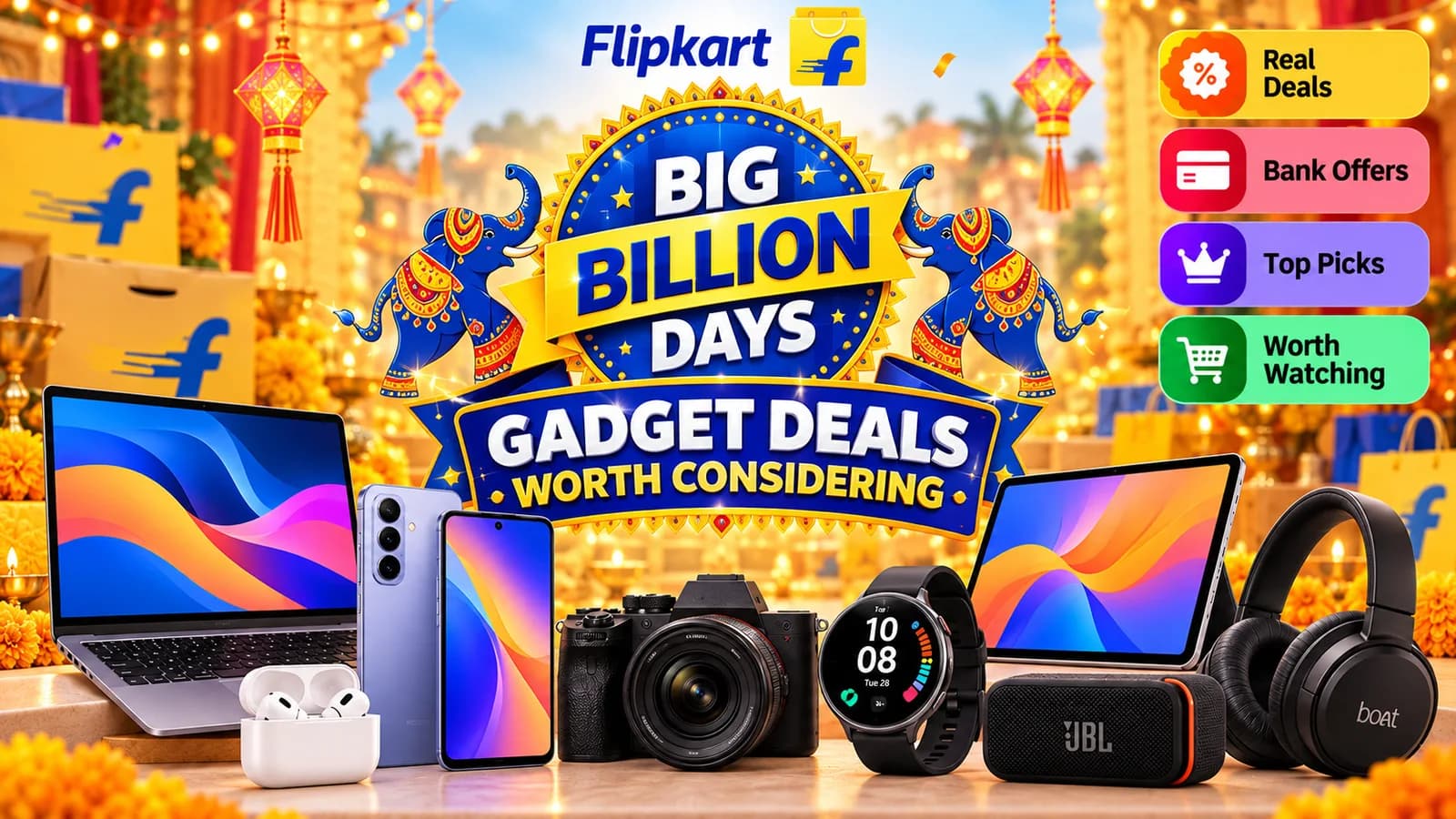 Festive Flipkart sale graphic featuring laptops, phones and other gadgets