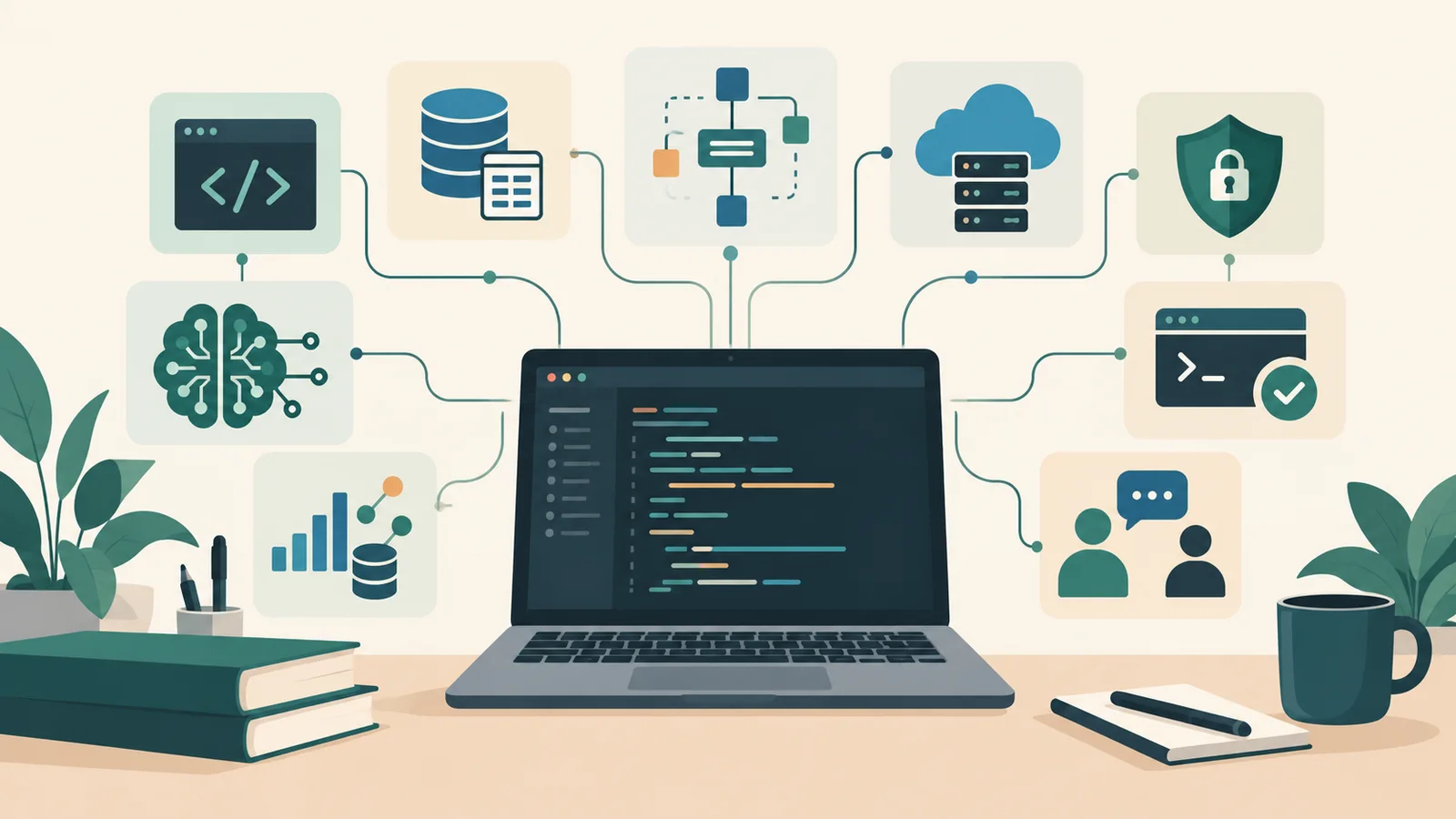 Computer science skills and AI topics surrounding a laptop
