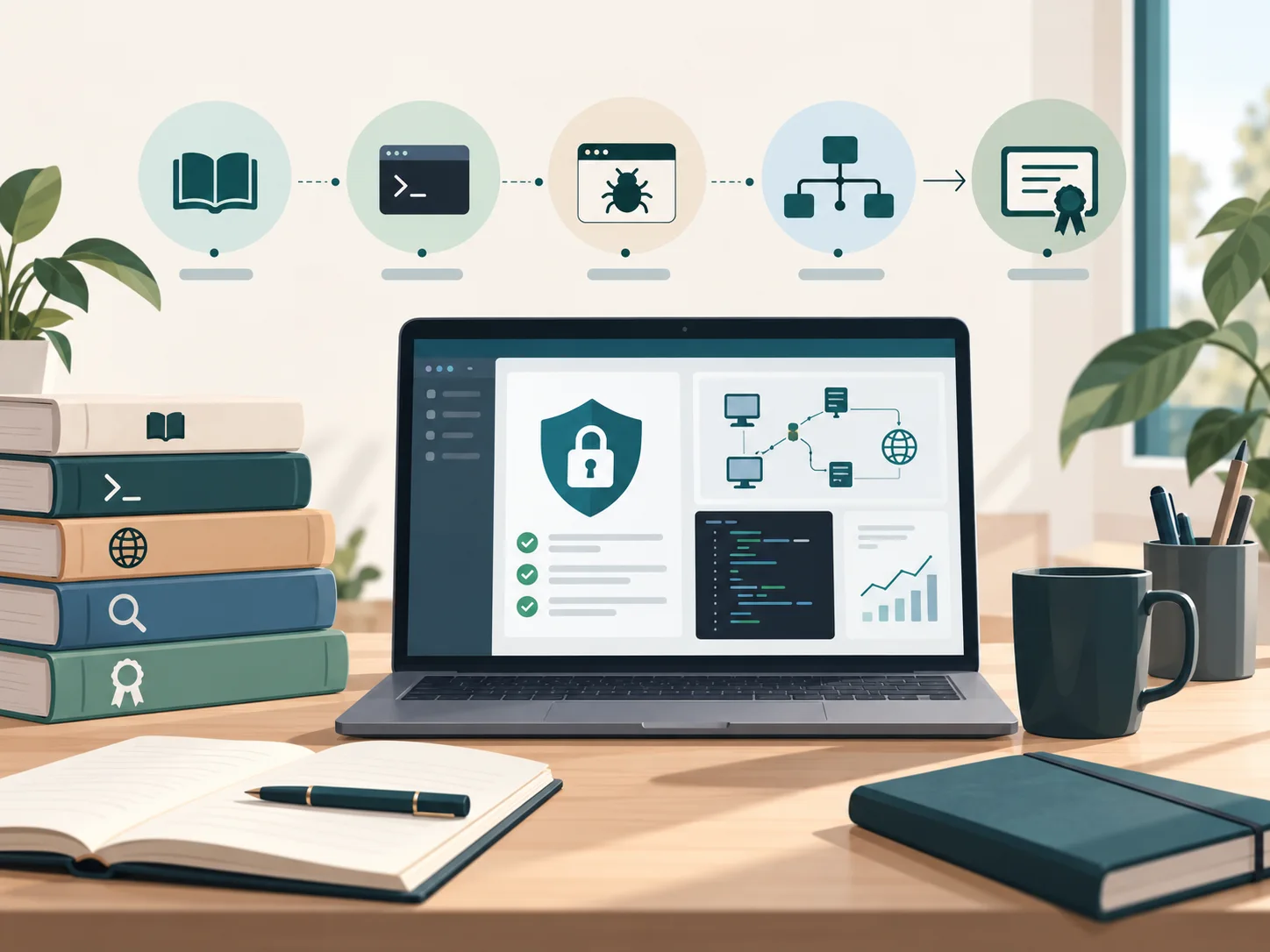 Cybersecurity learning modules displayed on a laptop