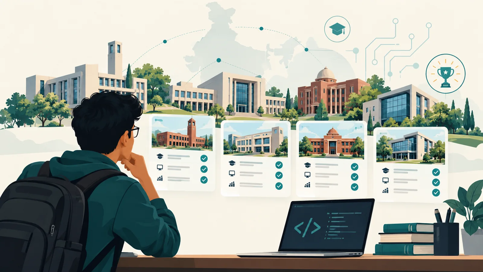 Student comparing computer science colleges on a laptop