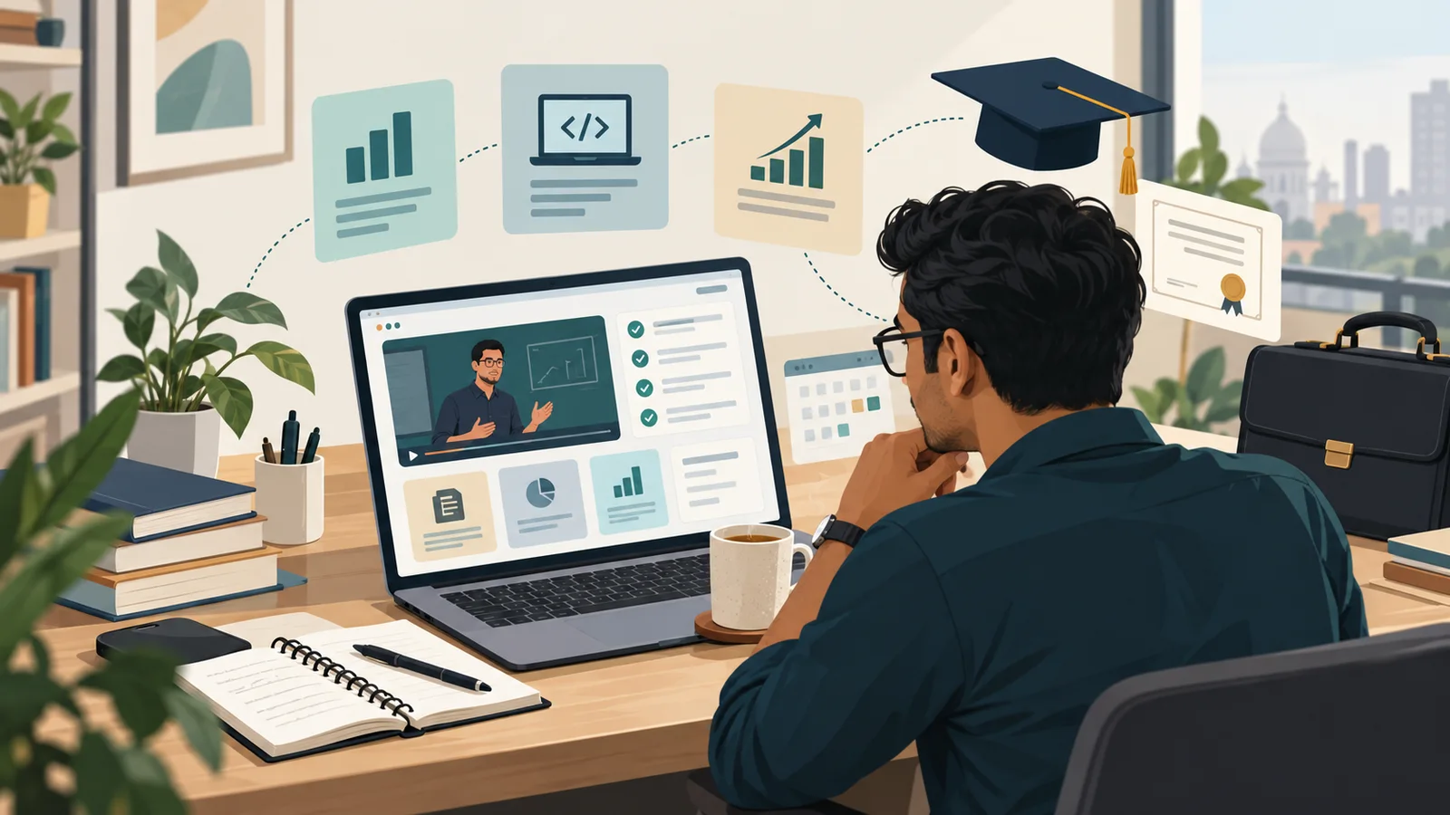 Professional viewing online university courses on a laptop