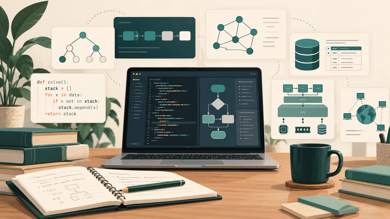 Computer science lessons and diagrams displayed on a laptop