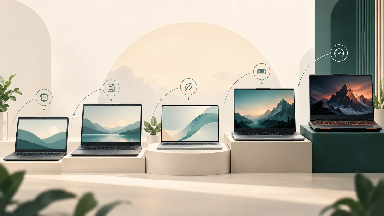 Lineup of laptops displayed side by side for comparison