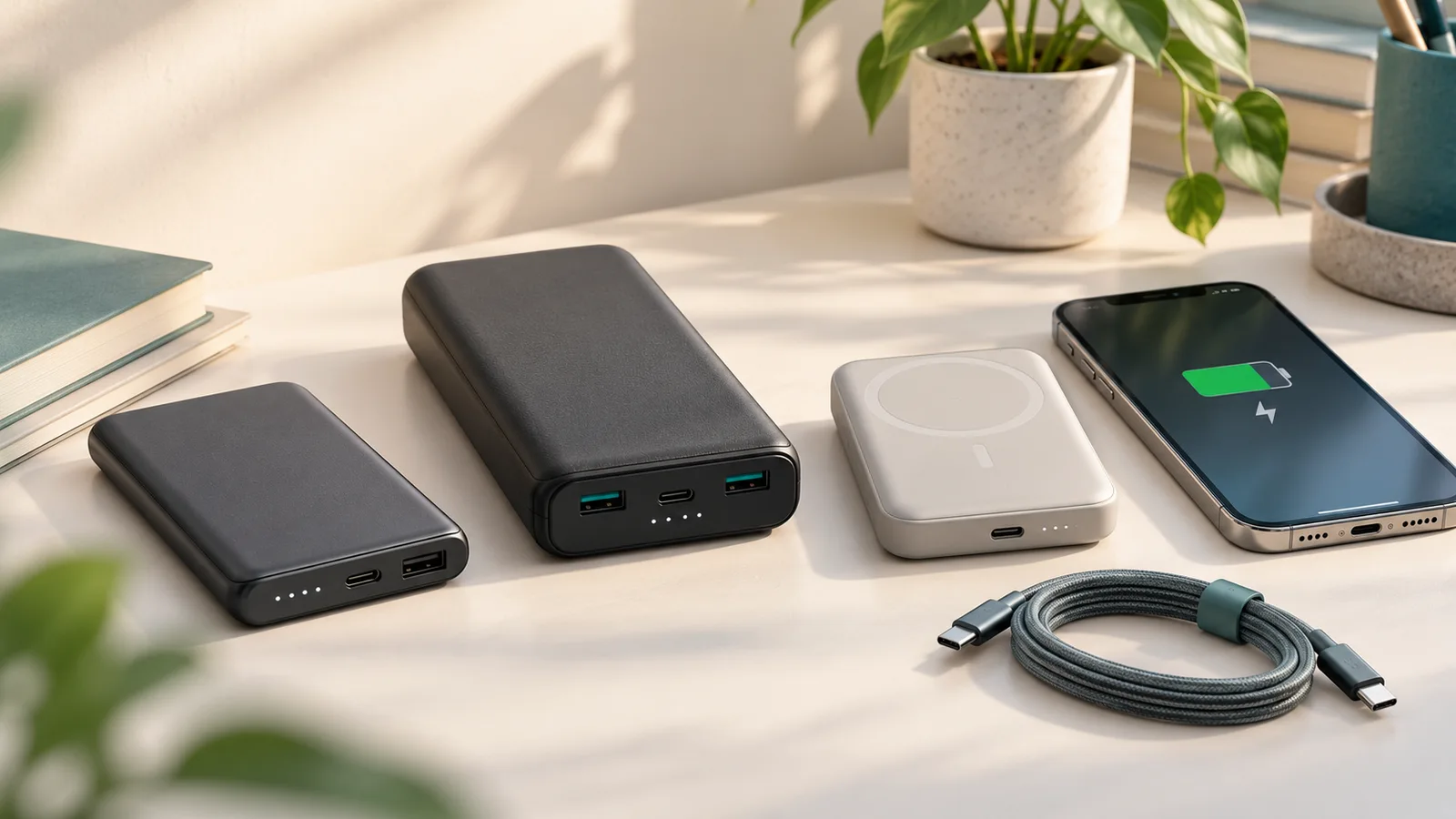 Portable power banks charging smartphones on a desk