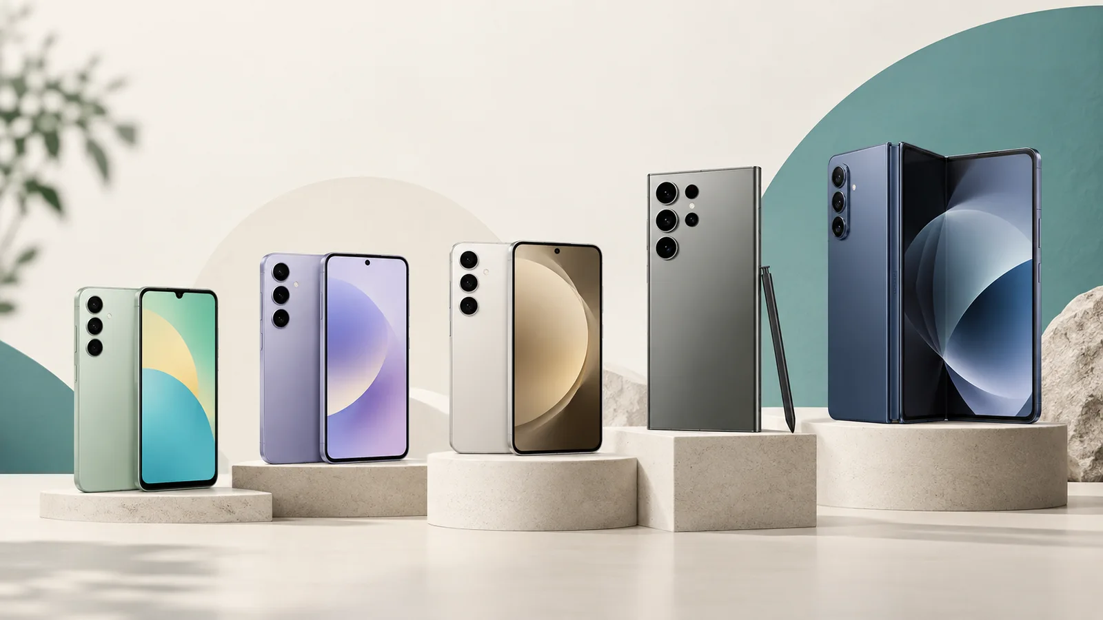 Lineup of Samsung smartphones in several sizes and styles