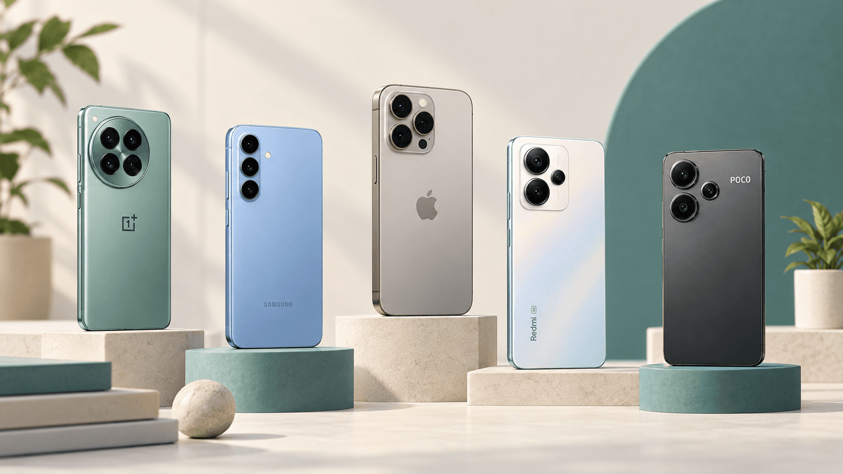 Stylized illustration of several smartphones arranged across different price ranges