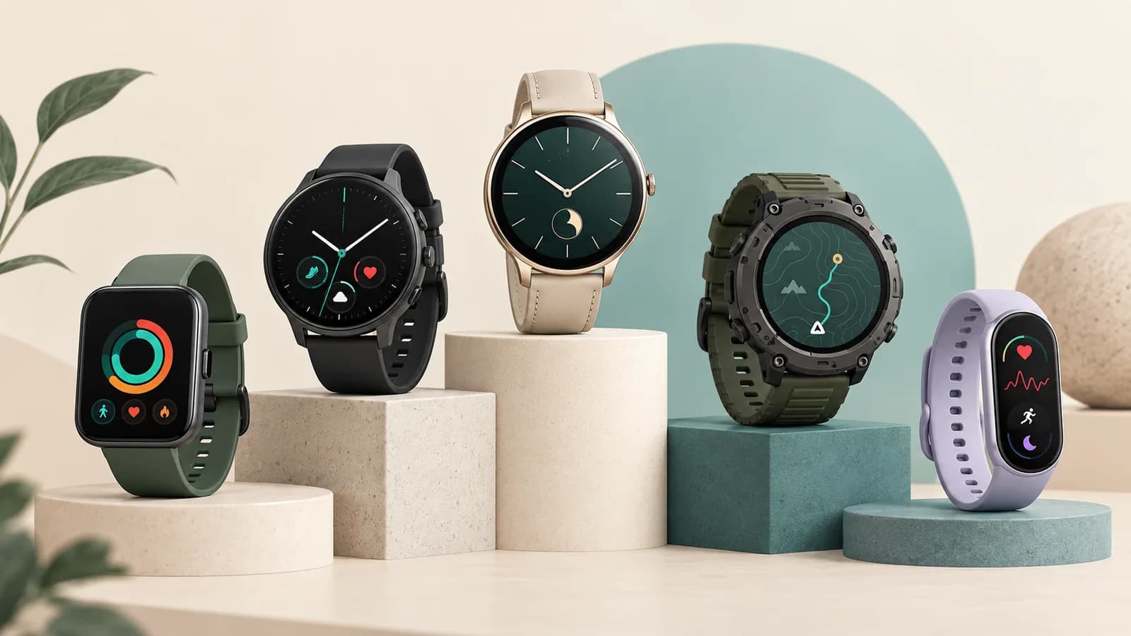 Several smartwatches displayed side by side