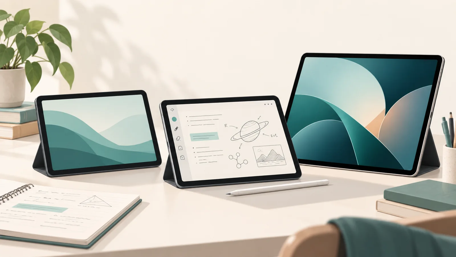 Tablets shown with a keyboard, stylus and study notes