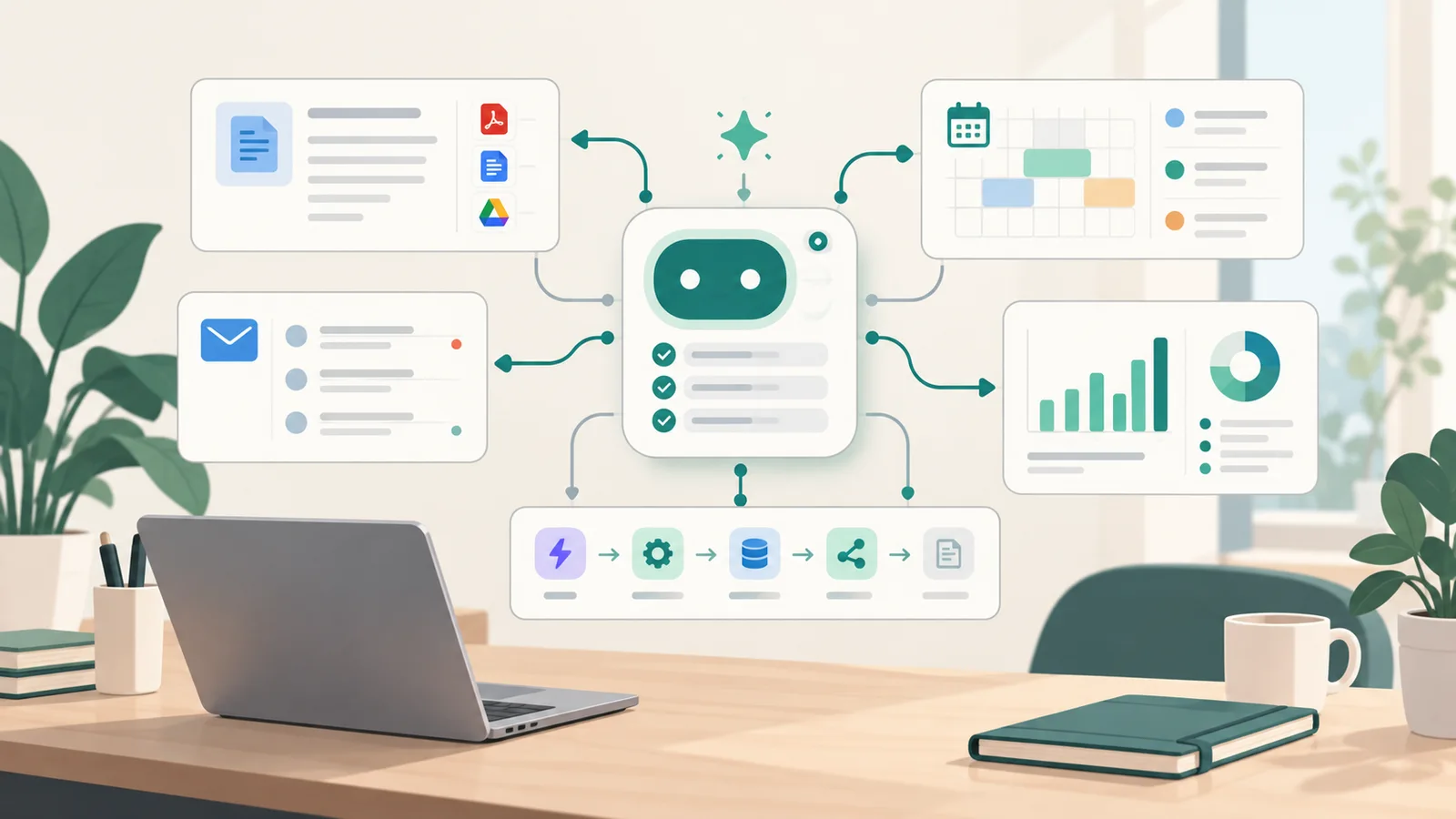 AI agent icon connected to task cards and workflow charts