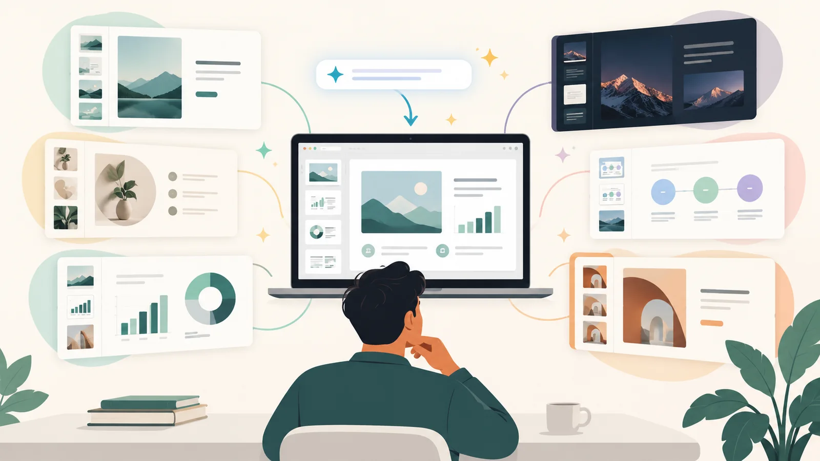 Person arranging presentation slides with AI-assisted tools