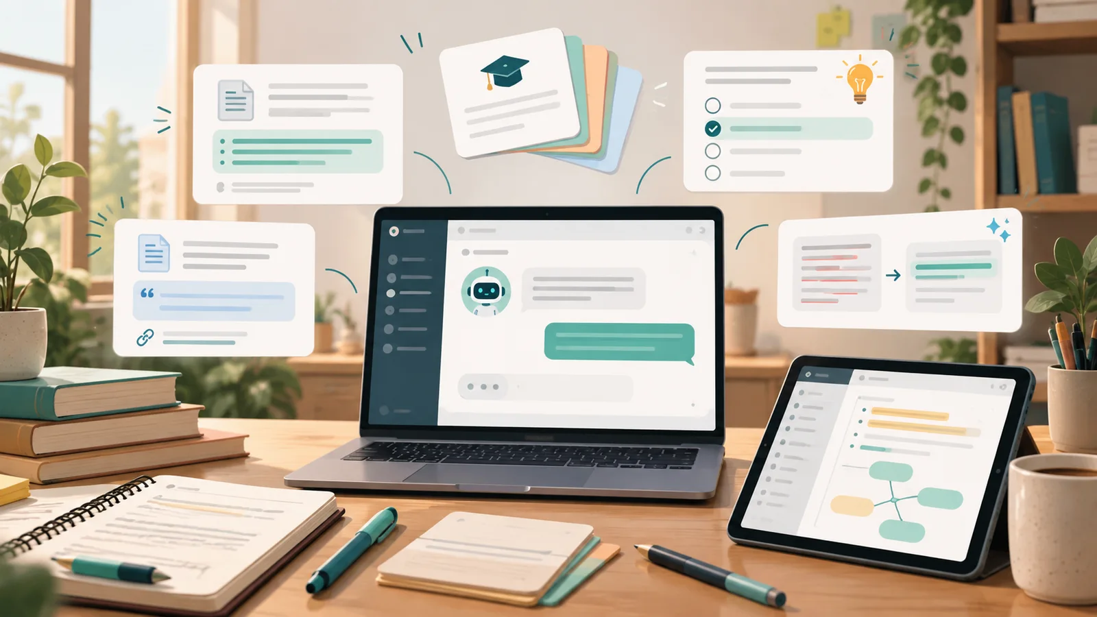 Laptop and tablet showing AI study tools beside books and notes