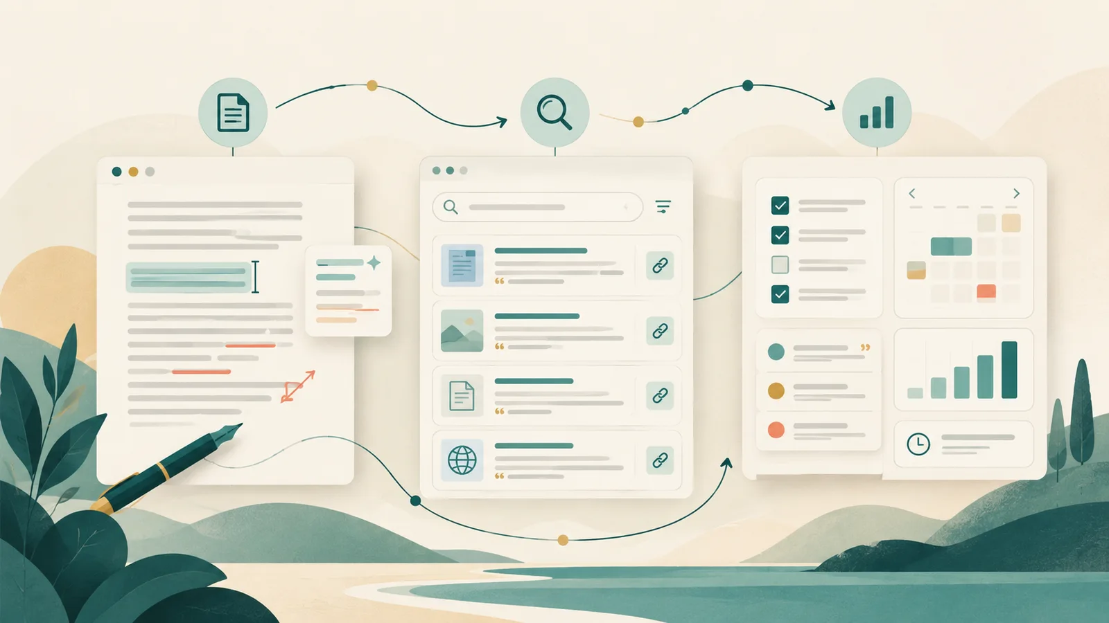 Documents and research charts arranged around an AI writing workspace