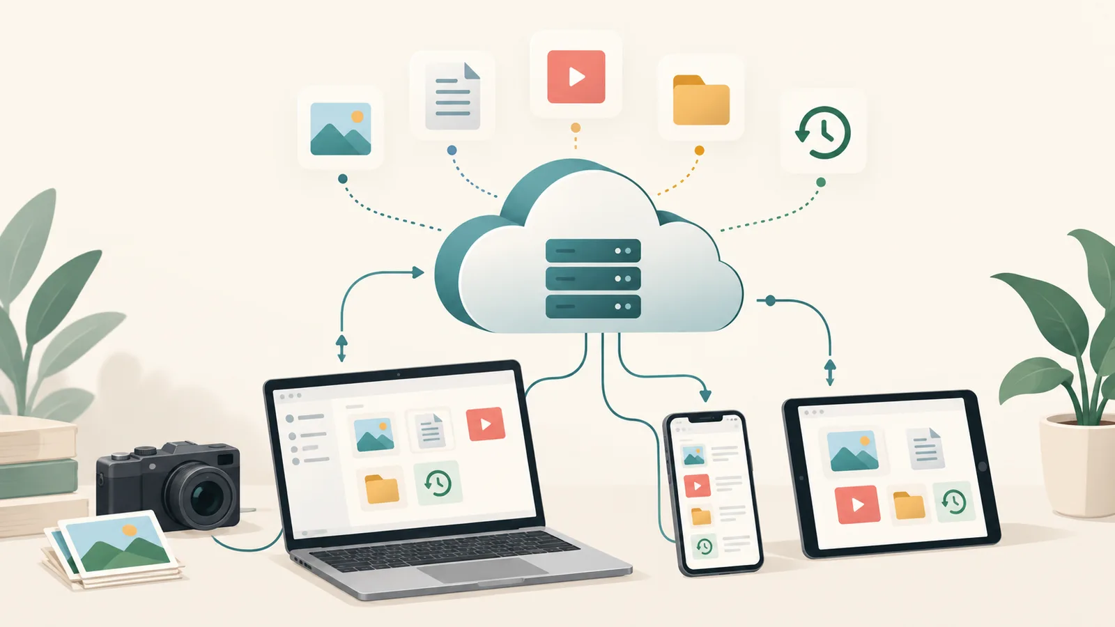 Cloud storage connecting files across a laptop, phone and tablet