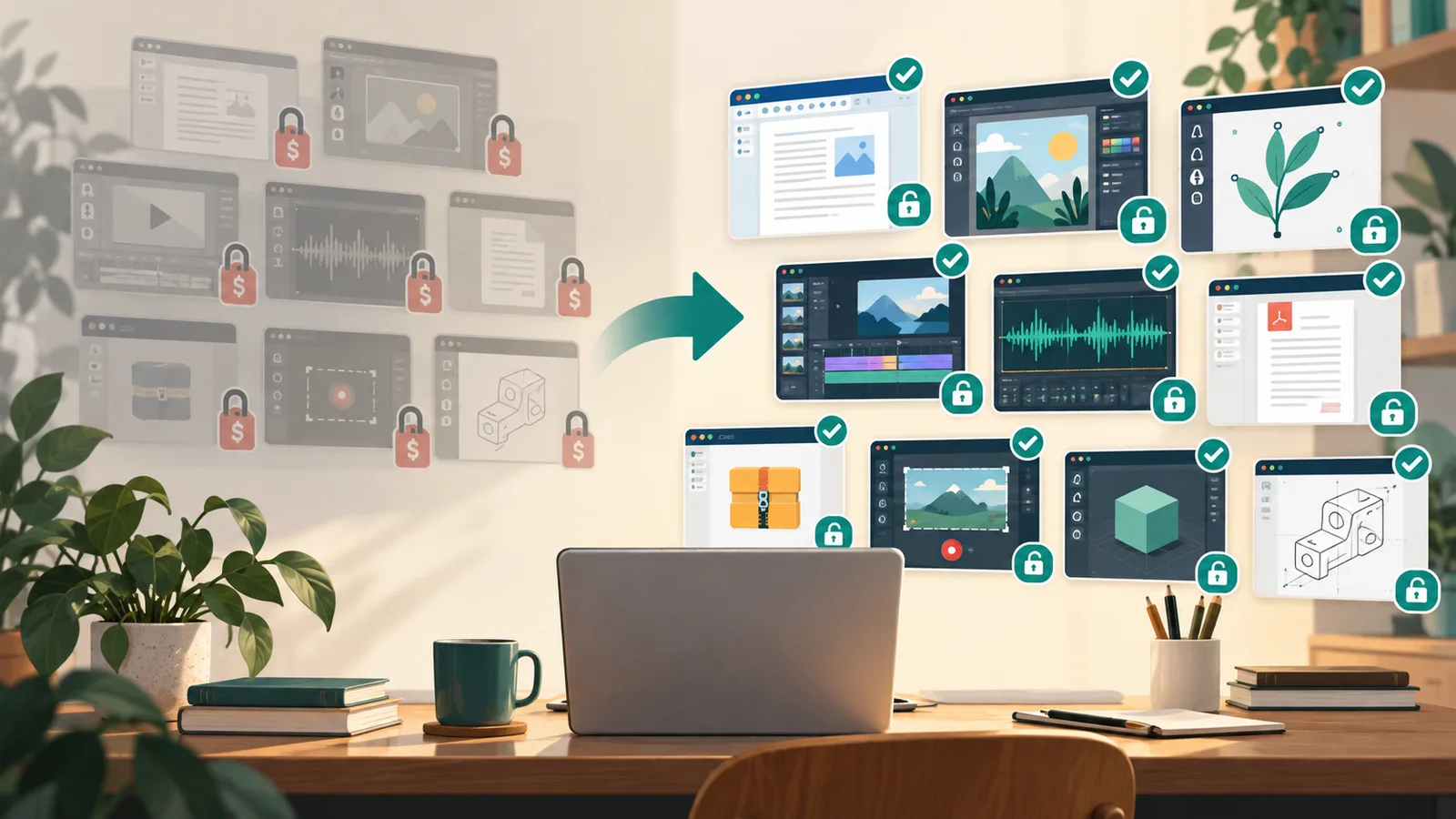 Different free software tools arranged across computer workstations