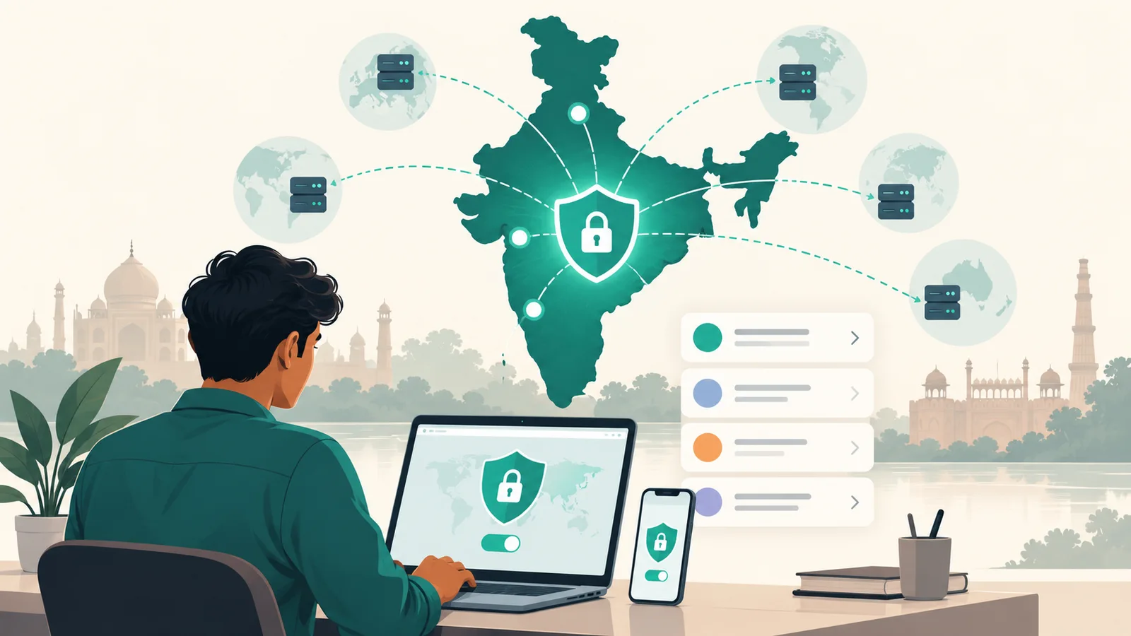 Person using a VPN dashboard with secure digital connections