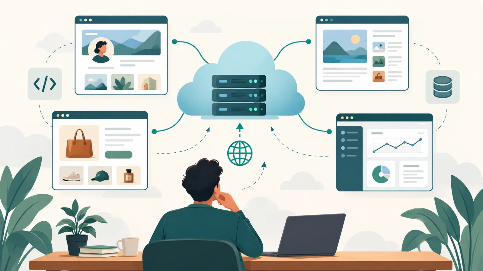 Website screens connected through a cloud-hosting diagram
