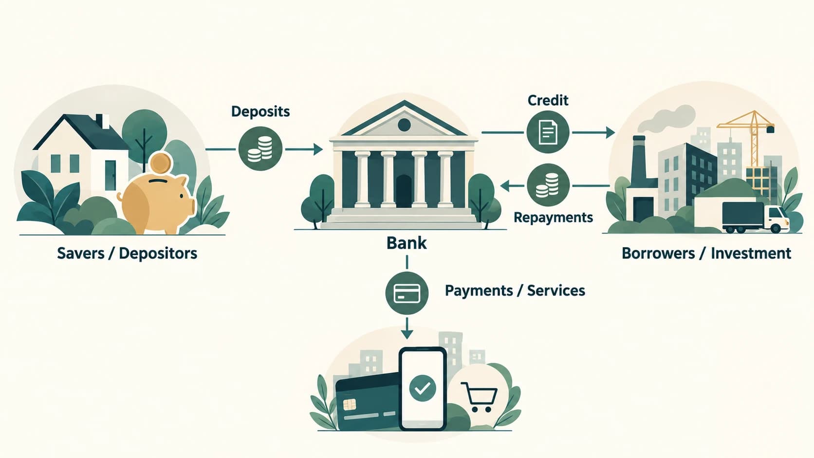 Diagram of a bank intermediating between savers and borrowers while providing payment services.