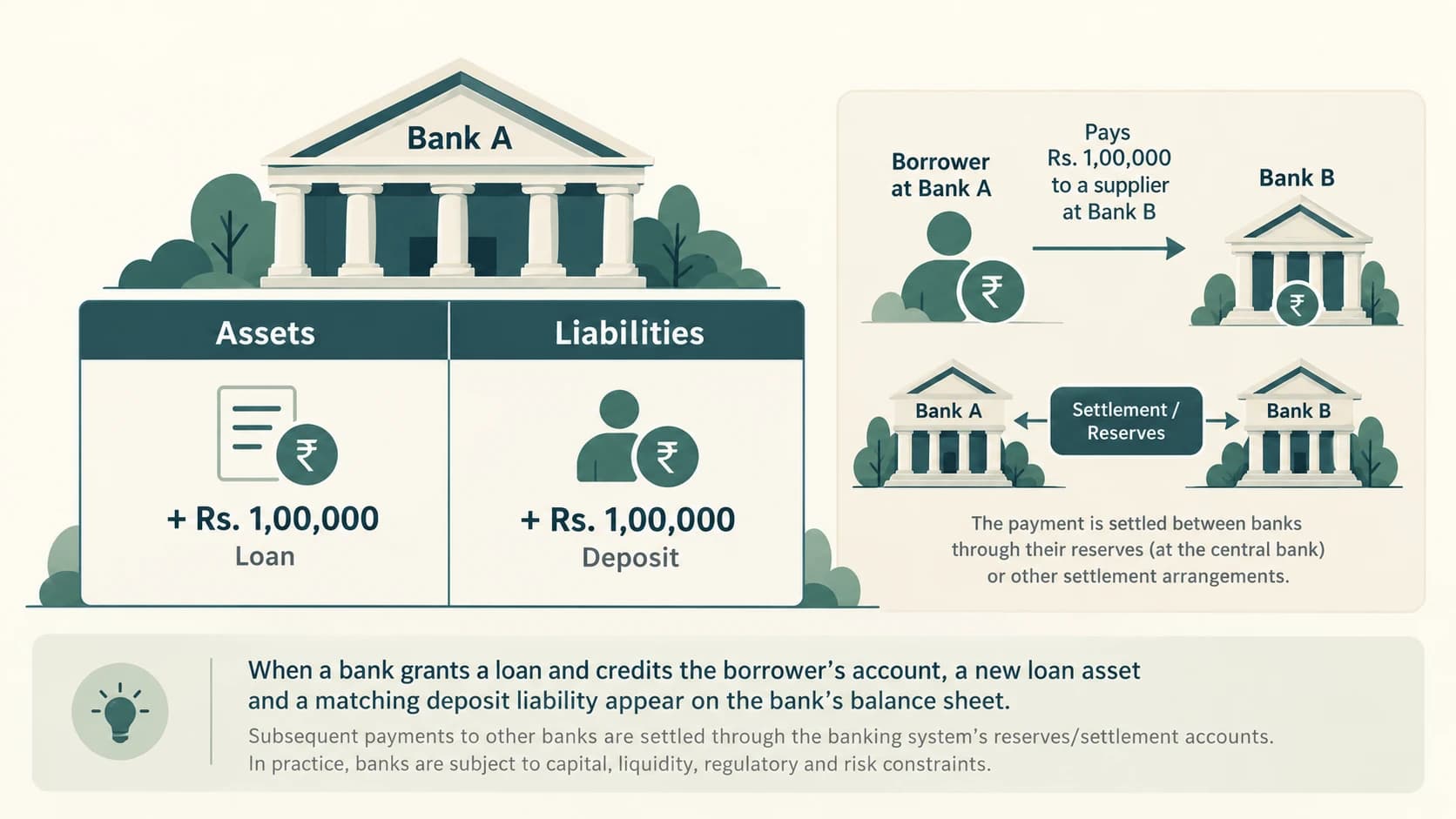 Simplified bank balance-sheet diagram showing a new loan asset and matching deposit liability.