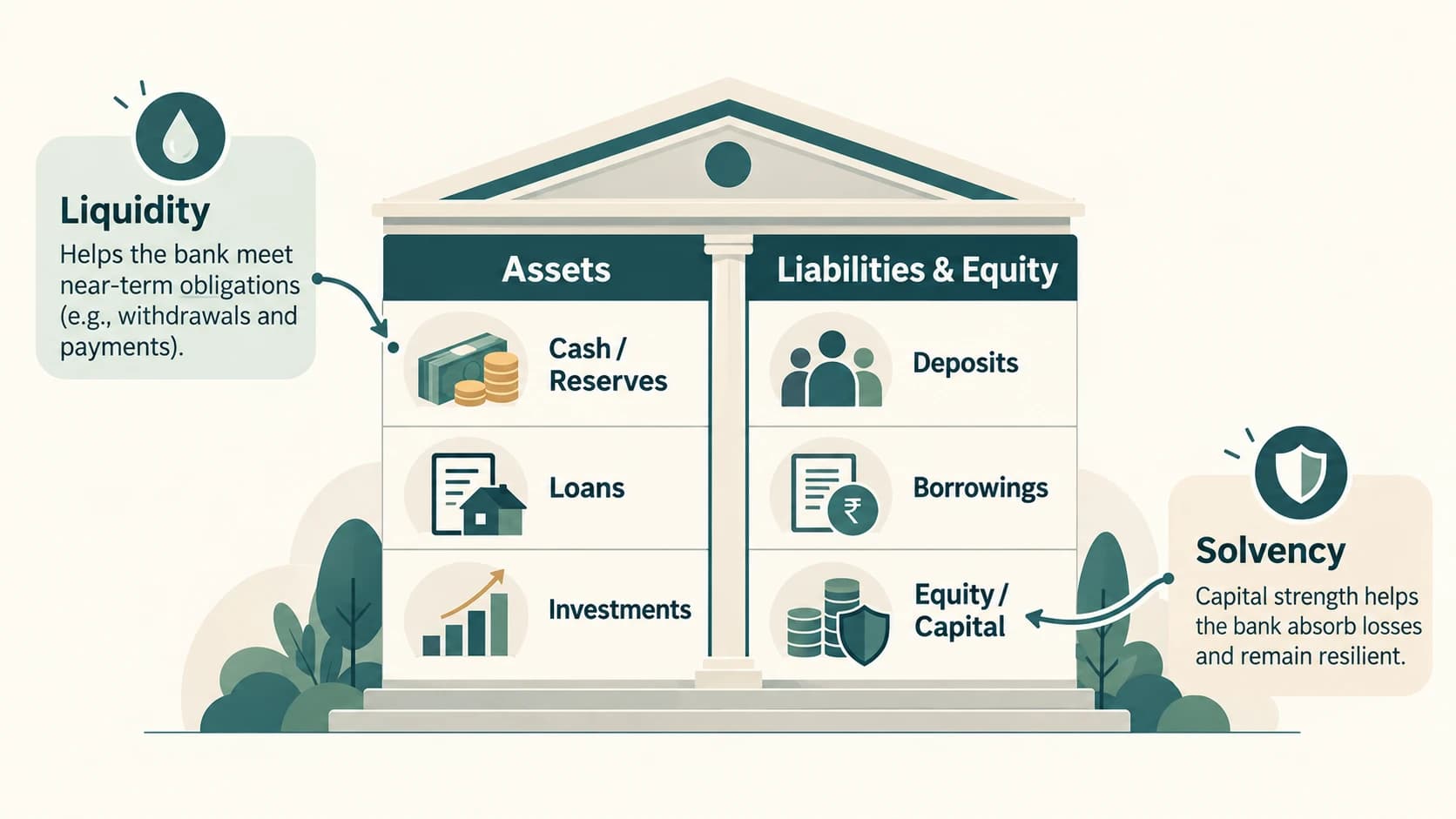 Diagram of a simplified bank balance sheet showing how liquidity and capital support financial strength.