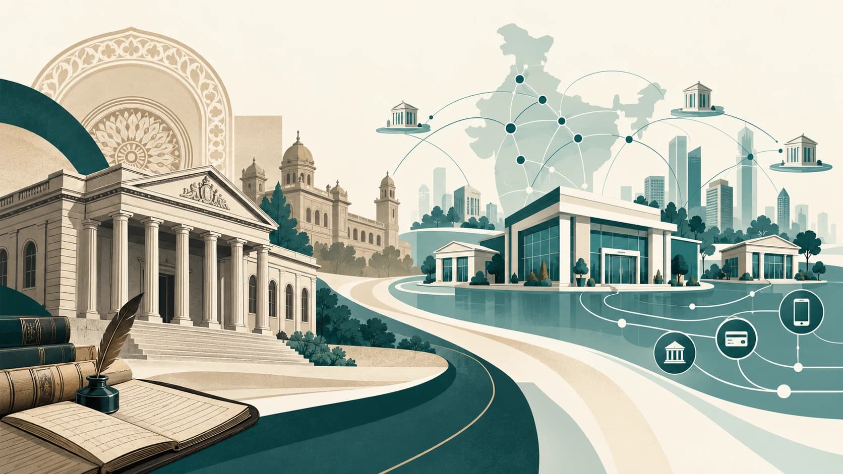 Editorial illustration showing the evolution of Indian banking from historical institutions to a modern interconnected banking system.