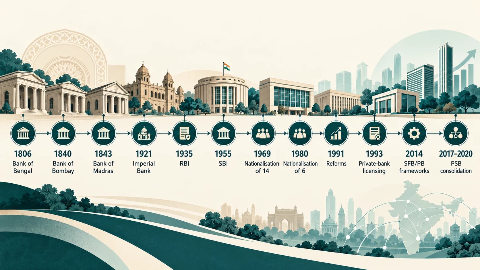 Timeline of major milestones in the evolution of Indian banking from Presidency Banks to modern differentiated banking.