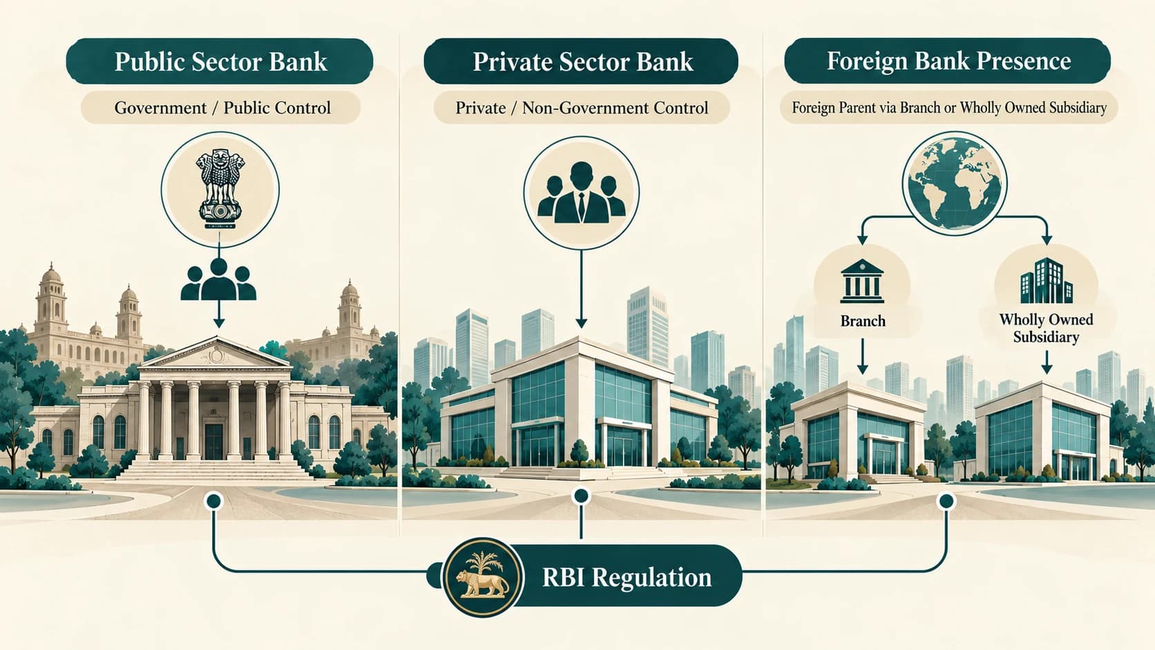 Comparison diagram of public-sector, private-sector and foreign-bank ownership structures in India.