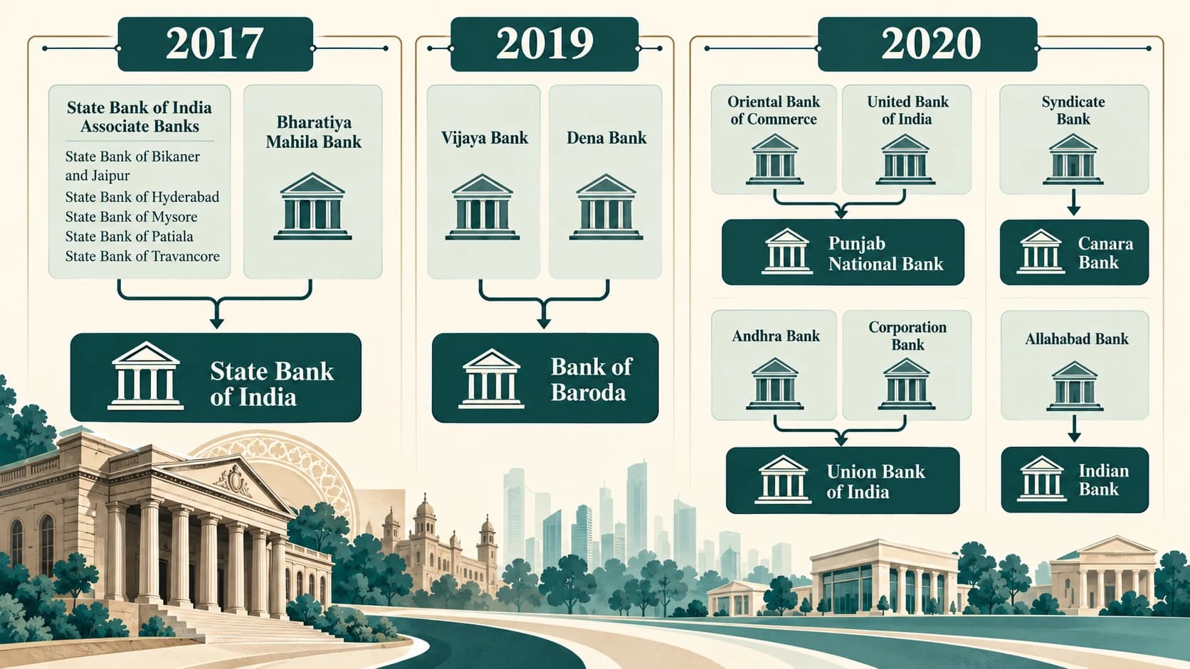 Flow diagram showing major Public Sector Bank amalgamations from 2017 to 2020.