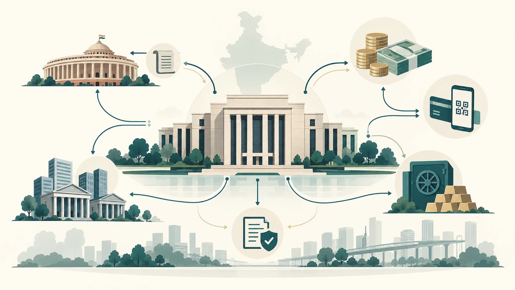 Editorial illustration showing India's central bank coordinating currency, banks, Government and the financial system.
