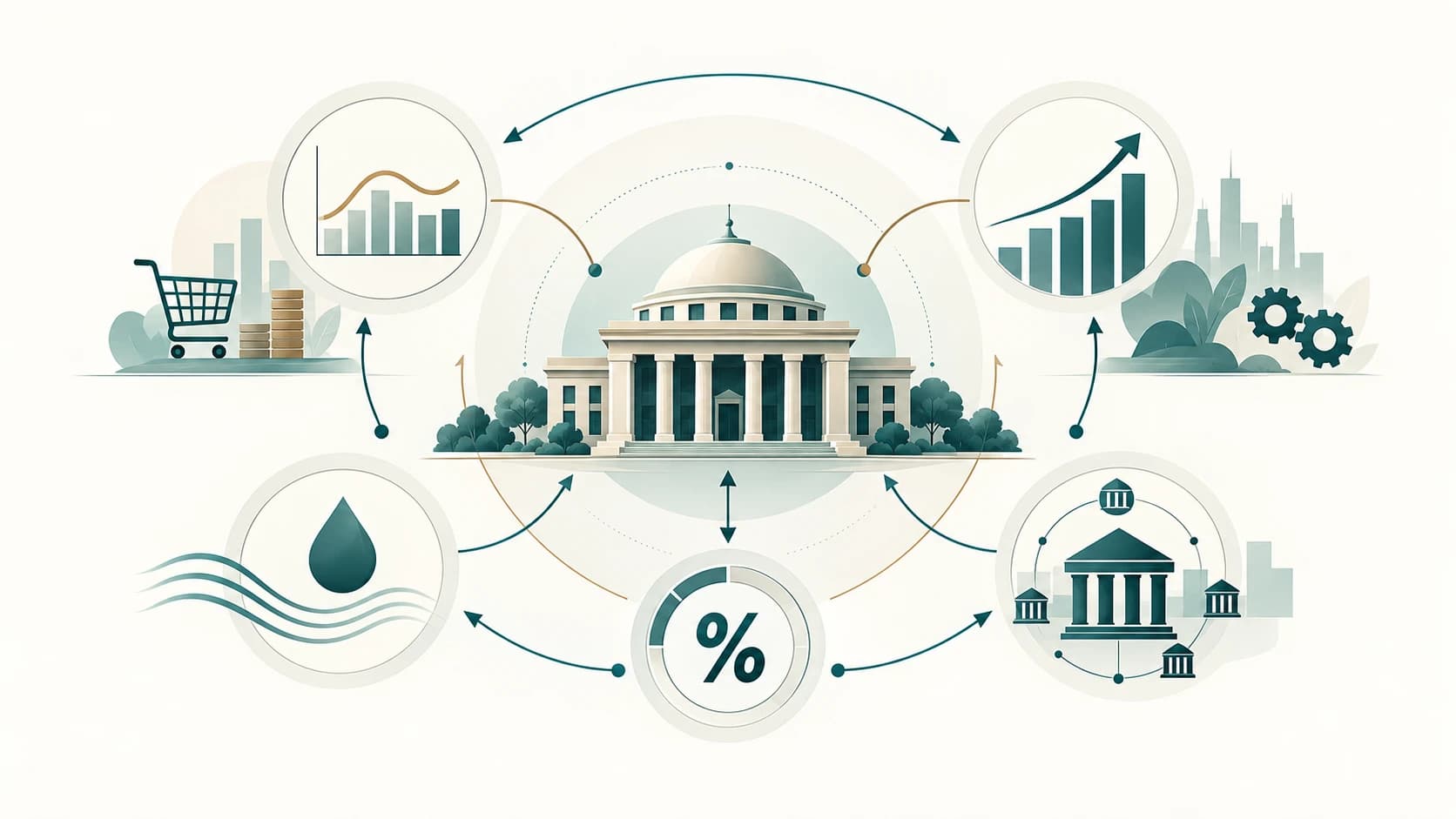 Editorial illustration showing monetary policy balancing price stability, liquidity, banking conditions and economic growth.