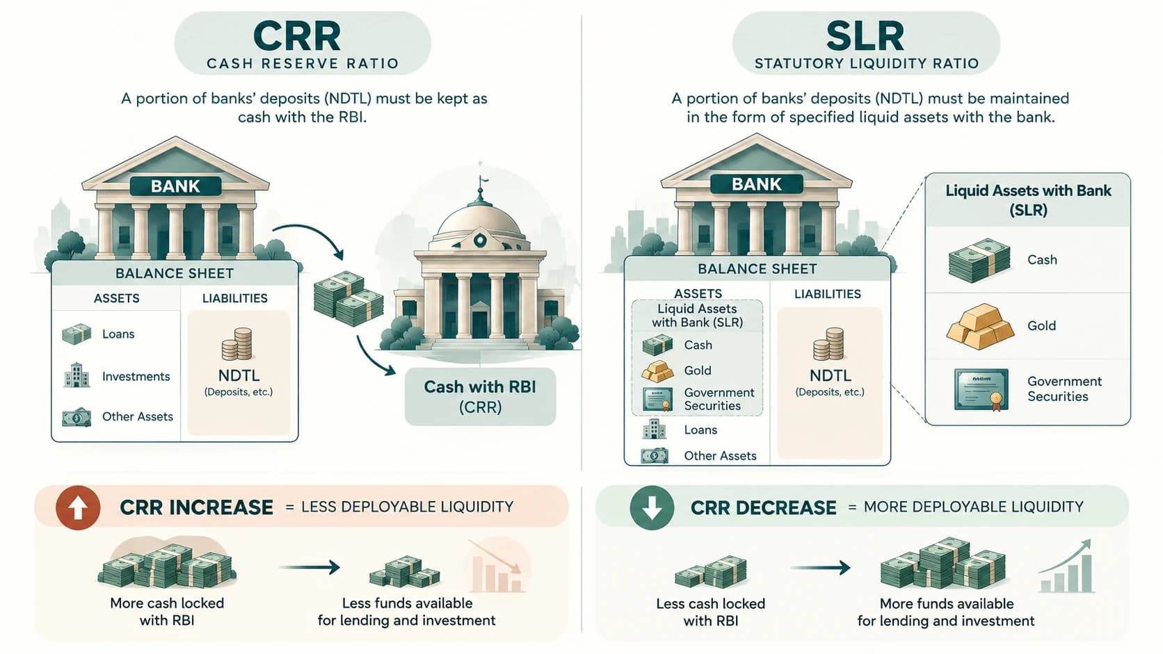 Comparison showing CRR cash maintained with RBI versus SLR liquid assets maintained by a bank.