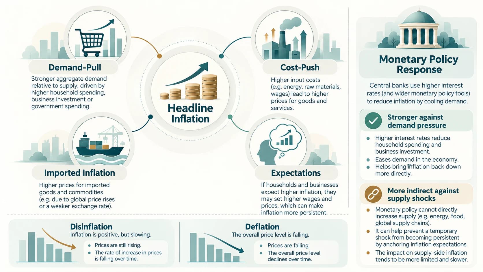 Diagram distinguishing major inflation sources, disinflation and deflation, with monetary-policy response.