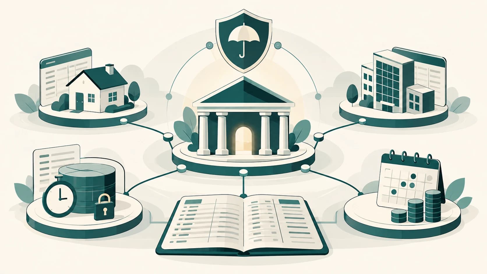 Editorial illustration showing savings, transaction accounts, term deposits and deposit protection within the banking system.