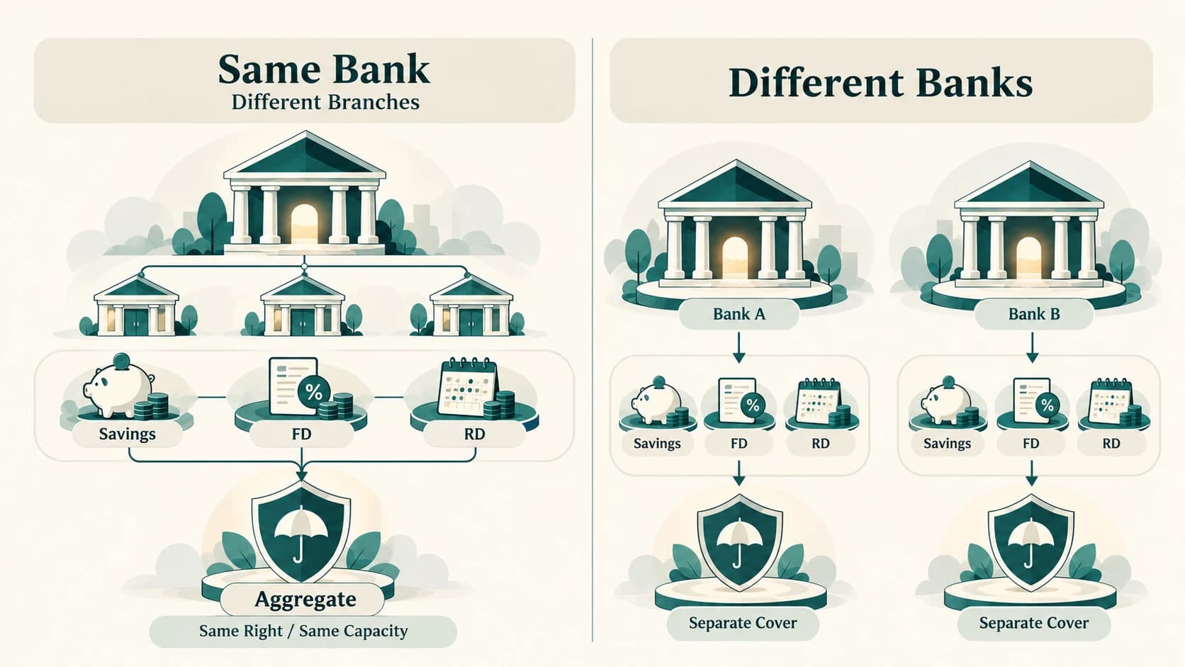 DICGC diagram showing aggregation across branches of the same bank and separate cover across different banks.