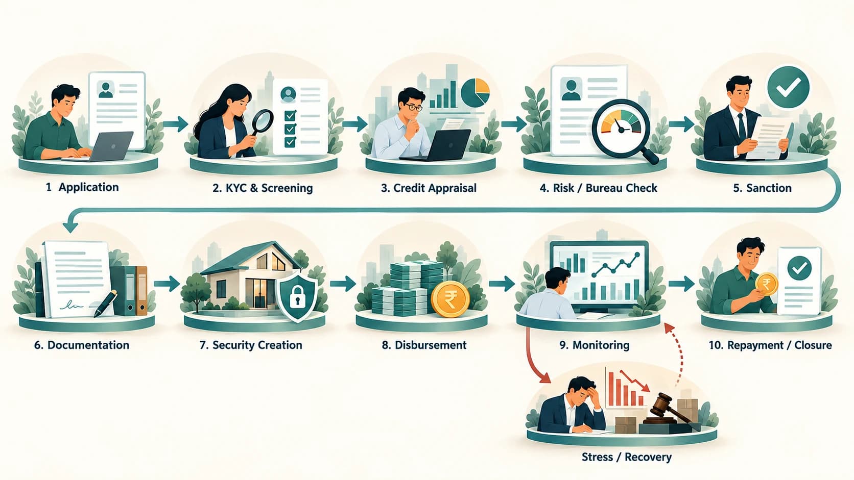 Flowchart of the bank lending process from application through repayment or recovery.