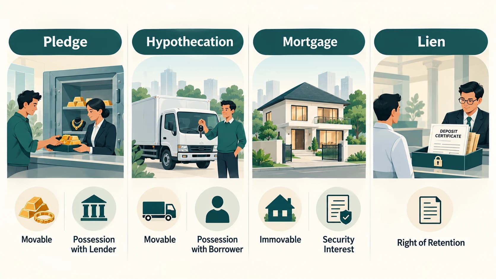 Comparison of pledge, hypothecation, mortgage and lien in bank lending.