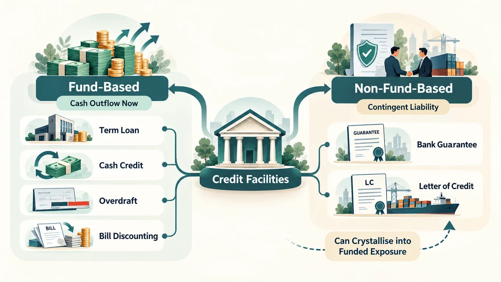 Diagram contrasting fund-based credit with non-fund-based bank guarantees and letters of credit.