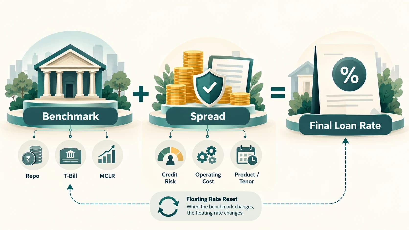 Loan-pricing diagram showing benchmark plus spread equals final lending rate.
