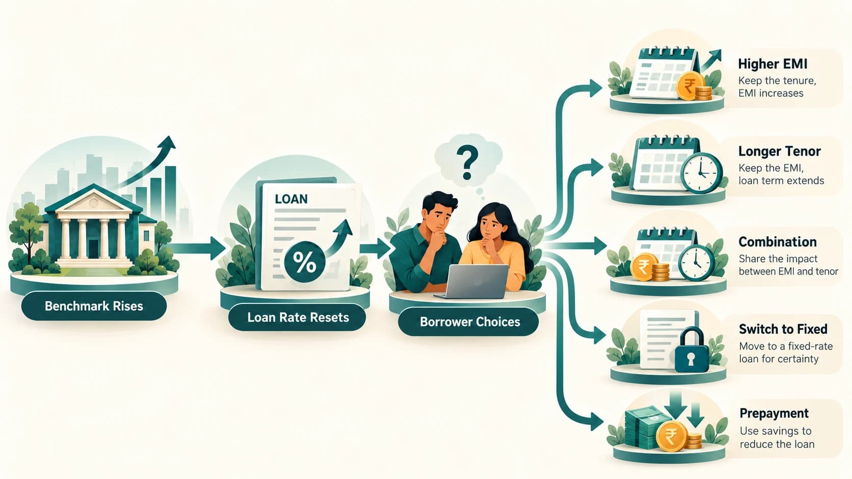 Diagram showing borrower options after an increase in floating loan interest rate.