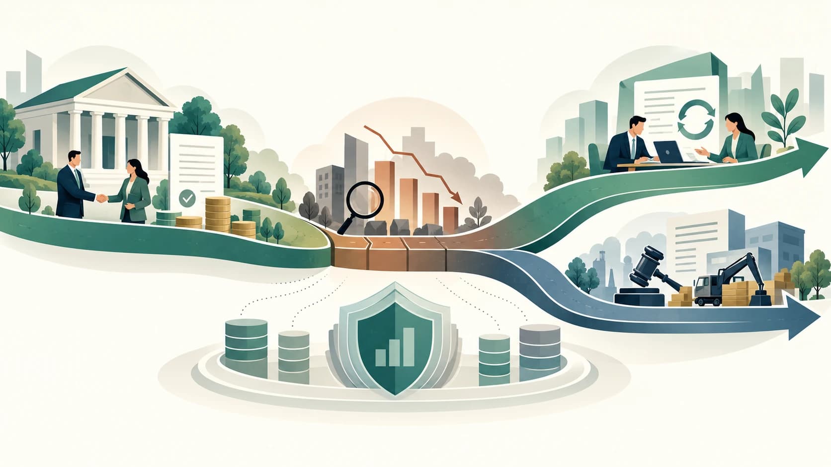 Editorial illustration showing a bank loan moving from normal performance into stress, resolution and recovery.